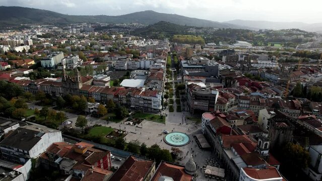 Aerial drone view of historic city of Braga in northern Portugal on a sunny day