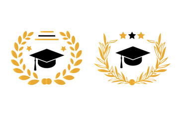 Set of class of 2024 graduation award emblem design template. Graduation cap with laurel wreath in gold color. Concept for shirt, print, seal, overlay or stamp, greeting, invitation card