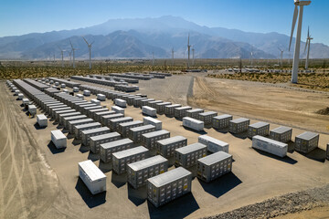 Battery storage array at power plant in the desert near Palm Springs - obrazy, fototapety, plakaty