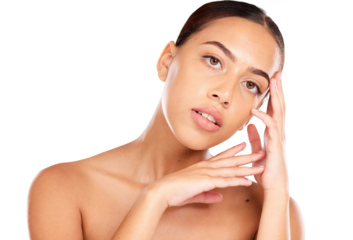 Portrait of woman, beauty and cosmetics for healthy skincare, shine and glow isolated on a transparent PNG background. Young female model touching face, makeup and facial in transformation or results