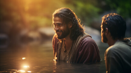 Jesus being baptized by John the Baptist, Life of Jesus, blurred background, with copy space - obrazy, fototapety, plakaty