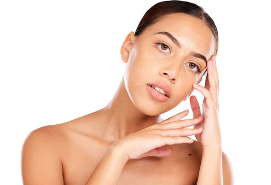 Portrait of woman, beauty and cosmetics for healthy skincare, shine and glow isolated on a transparent PNG background. Young female model touching face, makeup and facial in transformation or results