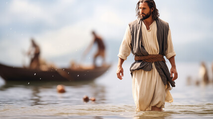 Jesus walking on water towards His disciples' boat, Life of Jesus, blurred background, with copy space