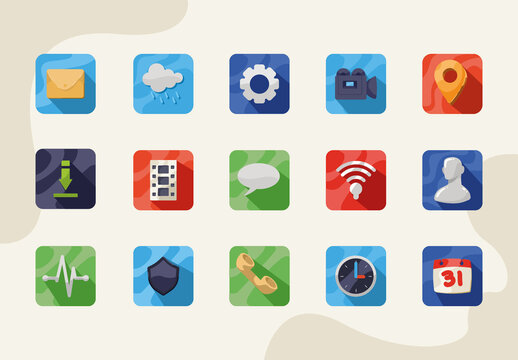 Colorful Flat Mobile App UI Icons Set
