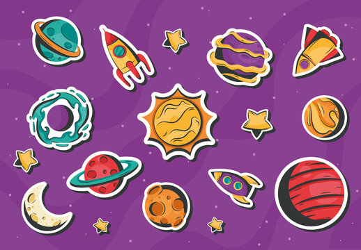 Colorful Cartoon Space and Planet Sticker Set