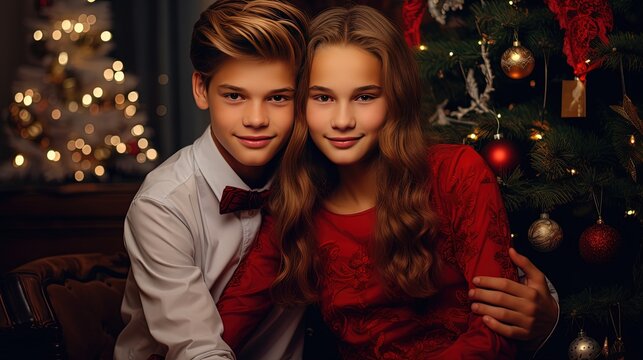 close up portrait of young teen couple lover in Christmas market festival, Generative Ai