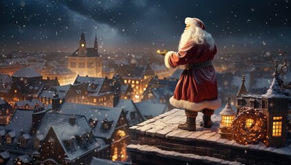 close up portrait of an old man Santa Claus on house roof looking at vintage town view at snow fall night, Christmas night, Generative Ai - obrazy, fototapety, plakaty