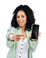 Phone screen, woman portrait and hand pointing in advertising or marketing isolated on a...