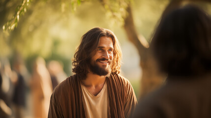 Obraz premium The moment of Jesus talking to Zacchaeus, the tax collector, Life of Jesus, blurred background, with copy space