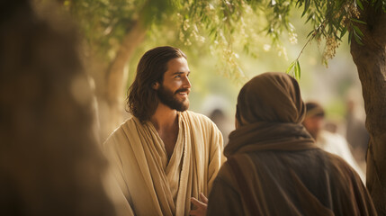 The moment of Jesus talking to Zacchaeus, the tax collector, Life of Jesus, blurred background, with copy space