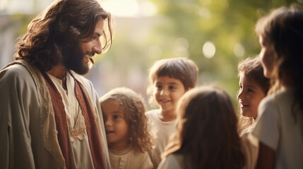 Jesus with children around Him, depicting the 'Let the little children come to me' moment, Life of Jesus, blurred background, with copy space