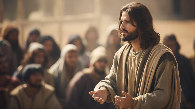 Jesus telling parables to a captivated audience, Life of Jesus, blurred background, with copy space