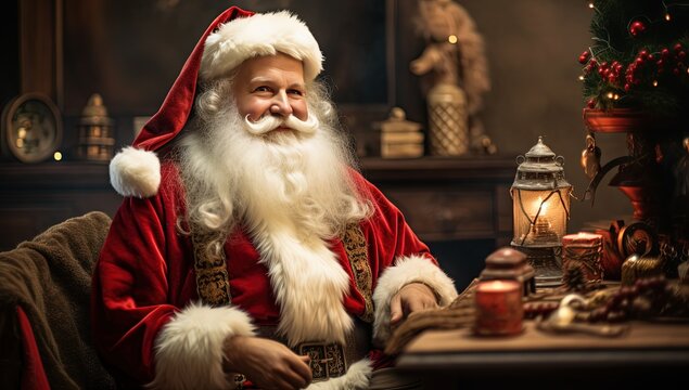 close up portrait of happy Santa at his desk, Generative Ai