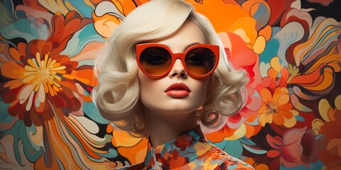 a beautiful high fashion lady with cool sunglasses in front of a crazy multicolored abstract background