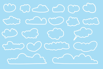 Set vector Cartoon Cloud with Red Shadow. White Cloud Collection Isolated in Blue sky