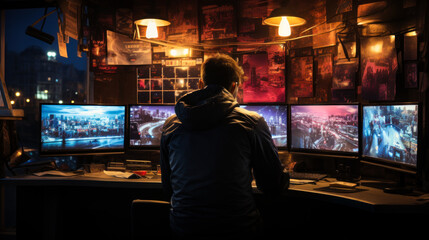 A Man Engrossed in Technology, Surrounded by Screens
