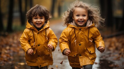 A fall walk through puddles with joyful Children in yellow raincoats and boots.