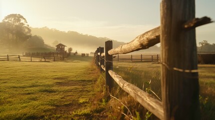 Close up fence with sunrise over grassy rural landscape.