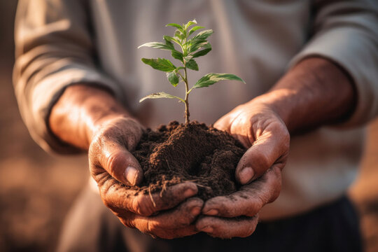 Fototapeta Close up on two male hands planting a young tree in the ground. Concept motif on the theme of plants, sustainability and environmental protection.