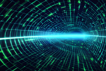 Obraz premium Abstract computer network data stream digital circular tunnel with green neon wall and blue glow technology cyberspace futuristic theme background