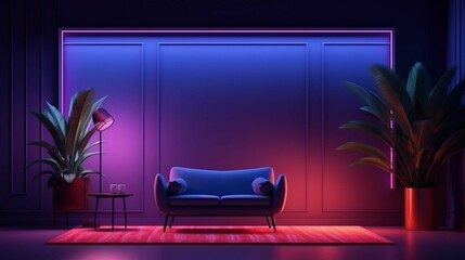 3d rendering modern living room with neon lights 