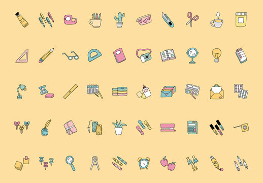 Pastel Hand-Drawn School and Office Supplies Icons Set