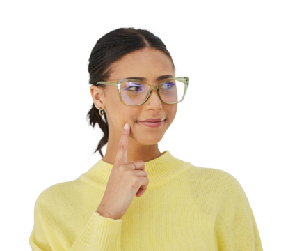 Woman, smile and glasses with thinking, problem solving and vision isolated on png transparent background. Ideas, eyewear or happy model brainstorming with hand on face in fashion or mindfulness
