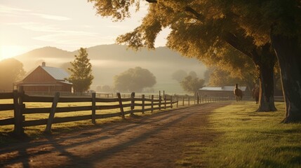 Obraz premium Close up fence with sunrise over grassy rural landscape.