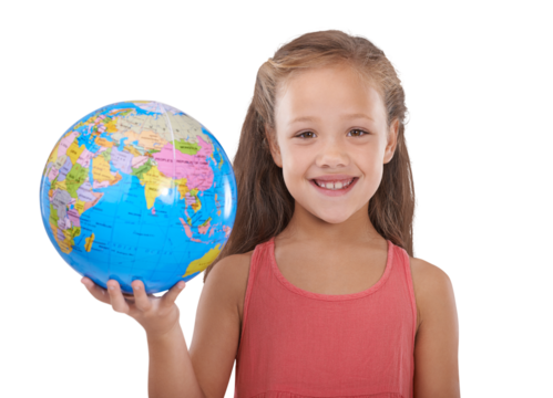 Portrait, smile and a girl with an earth map isolated on a transparent background for travel or sustainability. Recycle, global warming or environment and a young child on PNG with a world globe