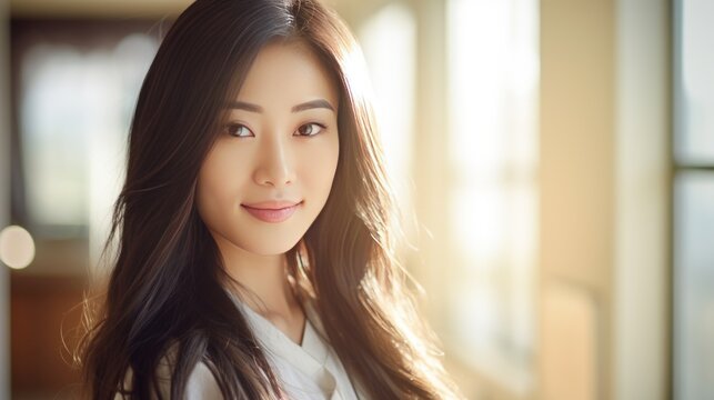 Beautiful Japanese nurse smiling against blurred background, hospital, health concept