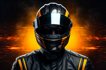 Male Racer wearing racing suit and helmet, with dark background