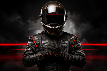 Male Racer wearing racing suit and helmet, with dark background - 672393711