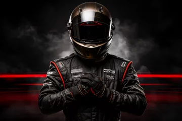 Foto auf Acrylglas Male Racer wearing racing suit and helmet, with dark background © Guido Amrein