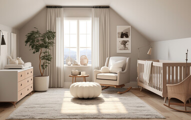 Fototapeta na wymiar Contemporary Scandinavian-style nursery with a neutral color palette and modern furnishings