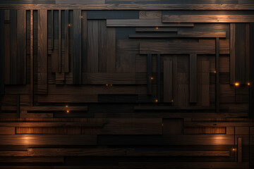 Cyberpunk-inspired wooden surface texture with geometric structure and LED accents, wooden surface material texture