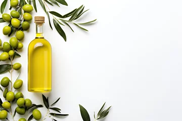 Fototapeten A bottle olive oil, olives, green olive leaf, on white background. © AI_images