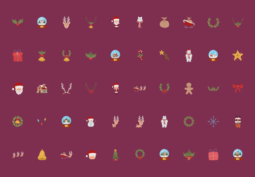 Maroon and Gold Christmas Holiday Minimalist Icon Set
