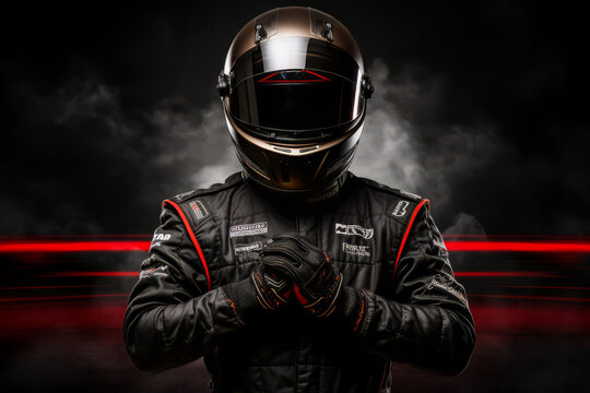 Male Racer wearing racing suit and helmet, with dark background