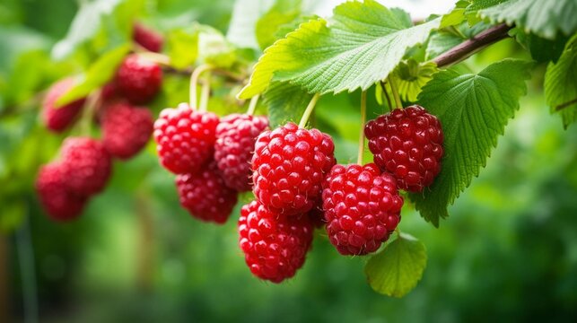 red raspberries on a branch