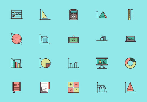 Colorful Mathematics and Geometry Education Icons Set