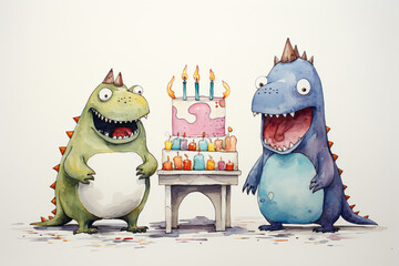 Two cute monsters celebrating over birthday cake, watercolor style - obrazy, fototapety, plakaty