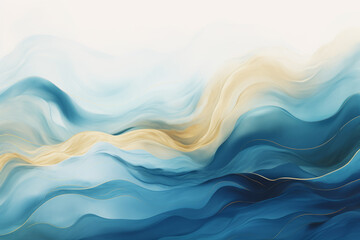 Illustration of ocean waves in blue and gold digital background design - obrazy, fototapety, plakaty