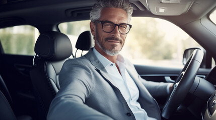 Elegant modern trendy middle age male in a luxury car - obrazy, fototapety, plakaty