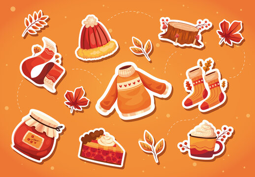 Autumn Cozy Food Leaves Clothing Nature Sticker Set