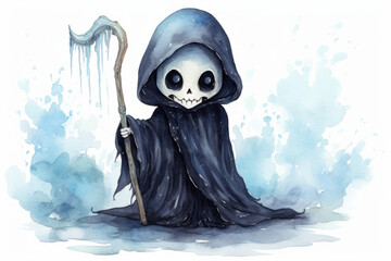 Obraz premium A cute, stylized grim reaper with frozen scythe and sad expression