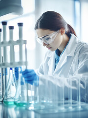 a scientist preparing her experiment, in the style of dark teal and light azure