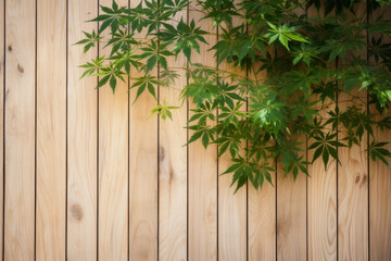 Bright Japanese maple plank wall with tree and green leaves imposed over it, material texture