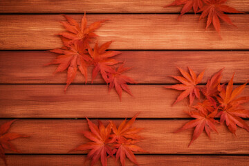 Fototapeta premium Horizontal boards for wall texture of light Japanese maple material, leaves scattered over boards