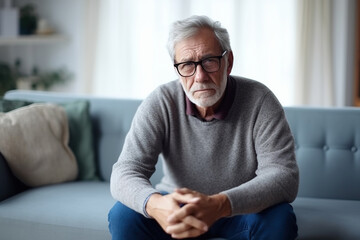 Fototapeta premium Confused senior retired grandfather worrying about difficult life decision, copy space, old people solitude