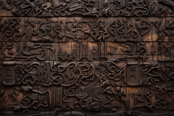 Dark wooden planks with detailed base relief in wood burned designs, material texture